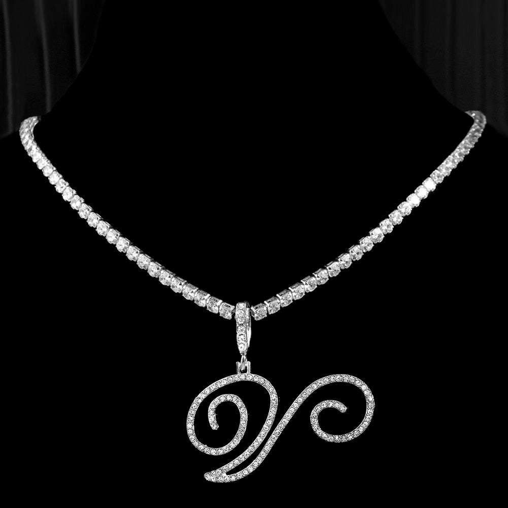 New Cursive Alphabet Pendant Necklace V 18inch Zircon chain