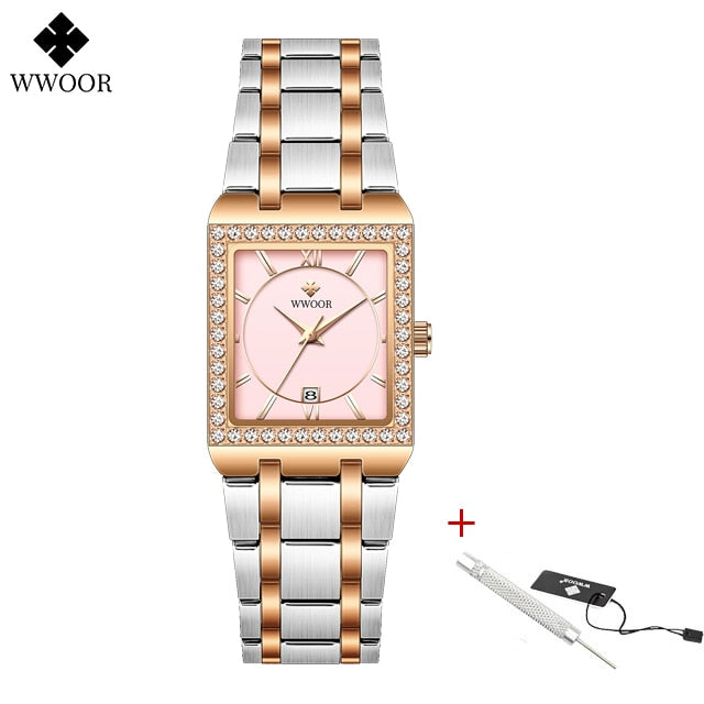 Diamond Top Luxury Square Wrist Simple Business Casual Watch Silver rose rose