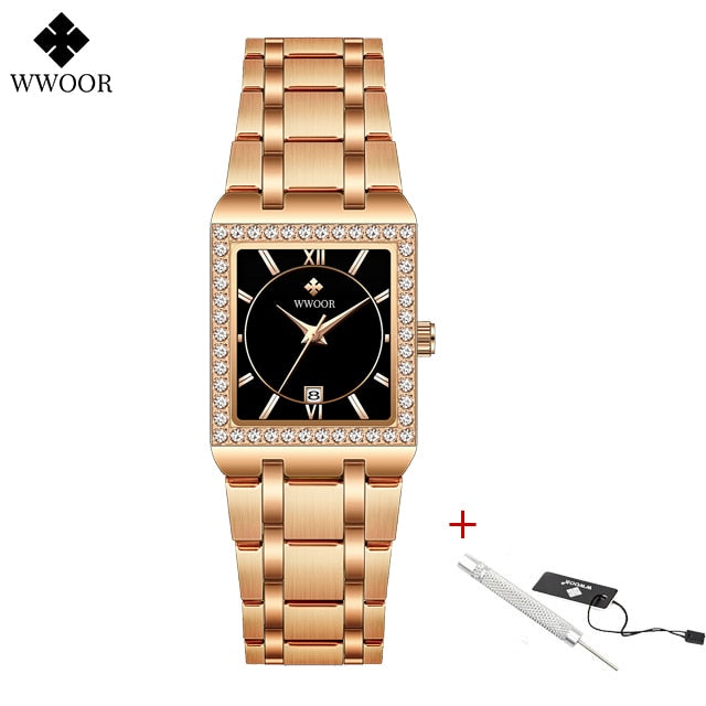 Diamond Top Luxury Square Wrist Simple Business Casual Watch Rose black