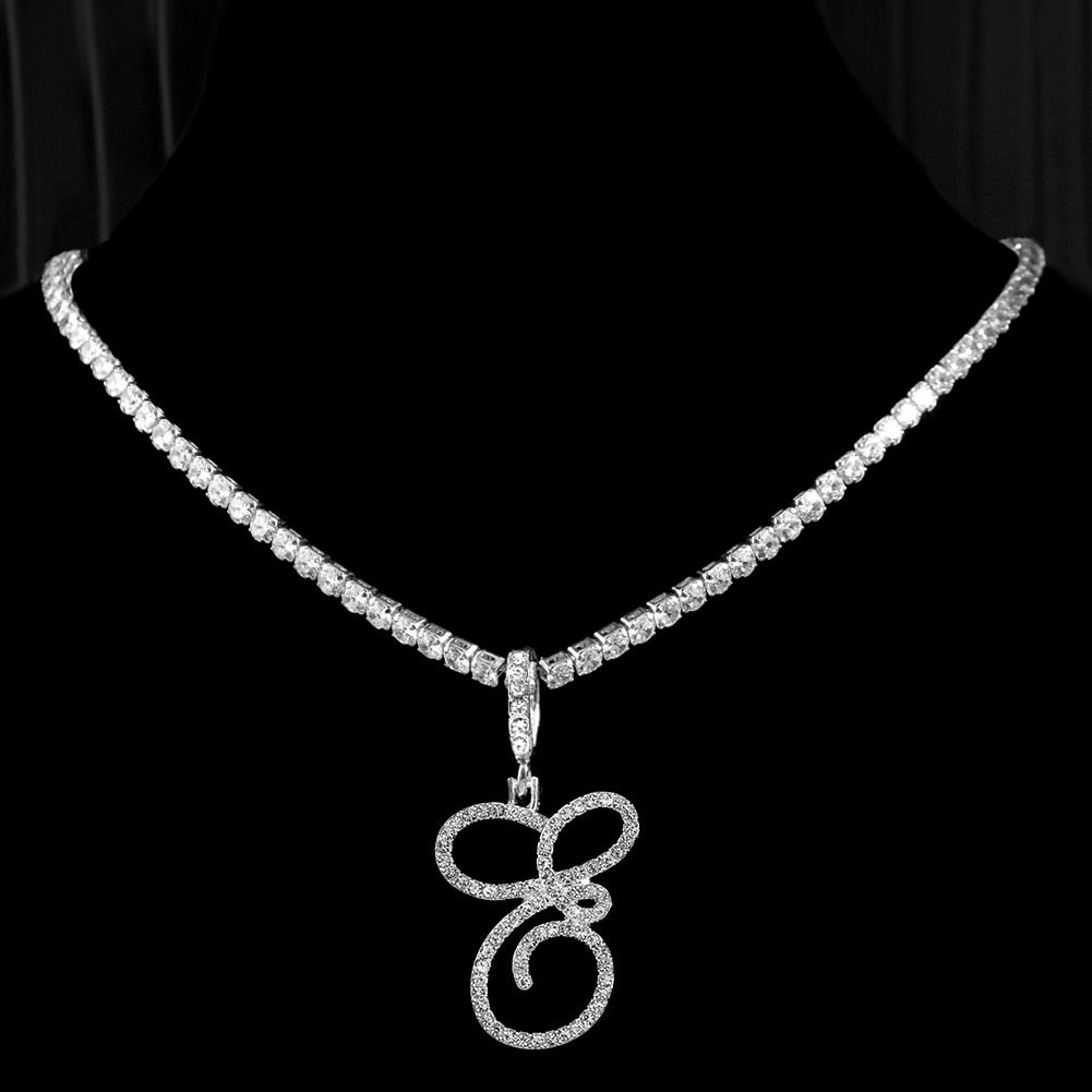 New Cursive Alphabet Pendant Necklace E 18inch Zircon chain