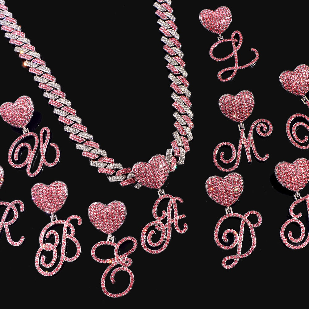 Hip Hop Bling Pink Crystal Cursive Initial Letter Cuban Necklace for Women Iced Out Paved Cuban Chain Necklace Choker Jewelry