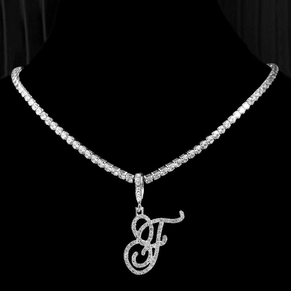 New Cursive Letters Cubic Zirconia Chain Intial Name Necklace Hip Hop Jewelry Gold Silver Color CZ 26 Alphabet Pendant Necklaces F 18inch Zircon chain