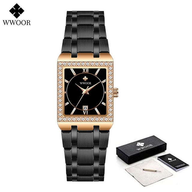 WWOOR Reloj New Fashion Ladies Diamond Watch Top Brand Luxury Square Wrist Watch Simple Women Dress Small Watch Relogio Feminino Black rose Yes-14