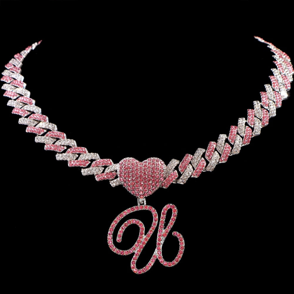 Hip Hop Bling Pink Crystal Cursive Initial Letter Cuban Necklace for Women Iced Out Paved Cuban Chain Necklace Choker Jewelry U