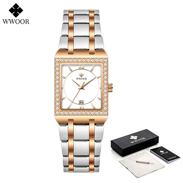 WWOOR Reloj New Fashion Ladies Diamond Watch Top Brand Luxury Square Wrist Watch Simple Women Dress Small Watch Relogio Feminino Silver rose white Yes-15