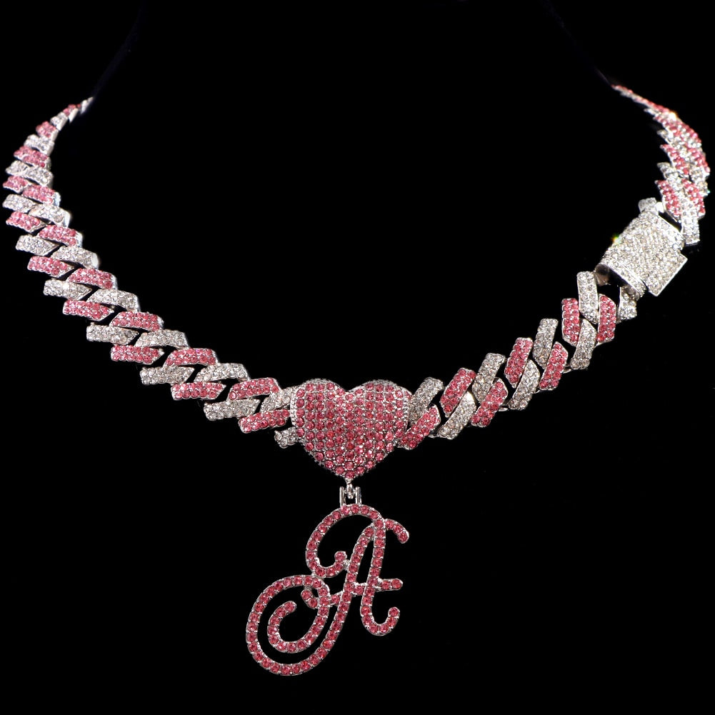 Hip Hop Bling Pink Crystal Cursive Initial Letter Cuban Necklace for Women Iced Out Paved Cuban Chain Necklace Choker Jewelry