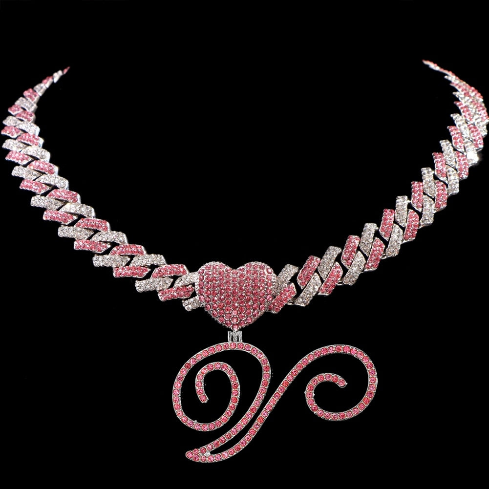 Hip Hop Bling Pink Crystal Cursive Initial Letter Cuban Necklace for Women Iced Out Paved Cuban Chain Necklace Choker Jewelry V