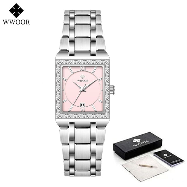 WWOOR Reloj New Fashion Ladies Diamond Watch Top Brand Luxury Square Wrist Watch Simple Women Dress Small Watch Relogio Feminino Silver pink Yes-18