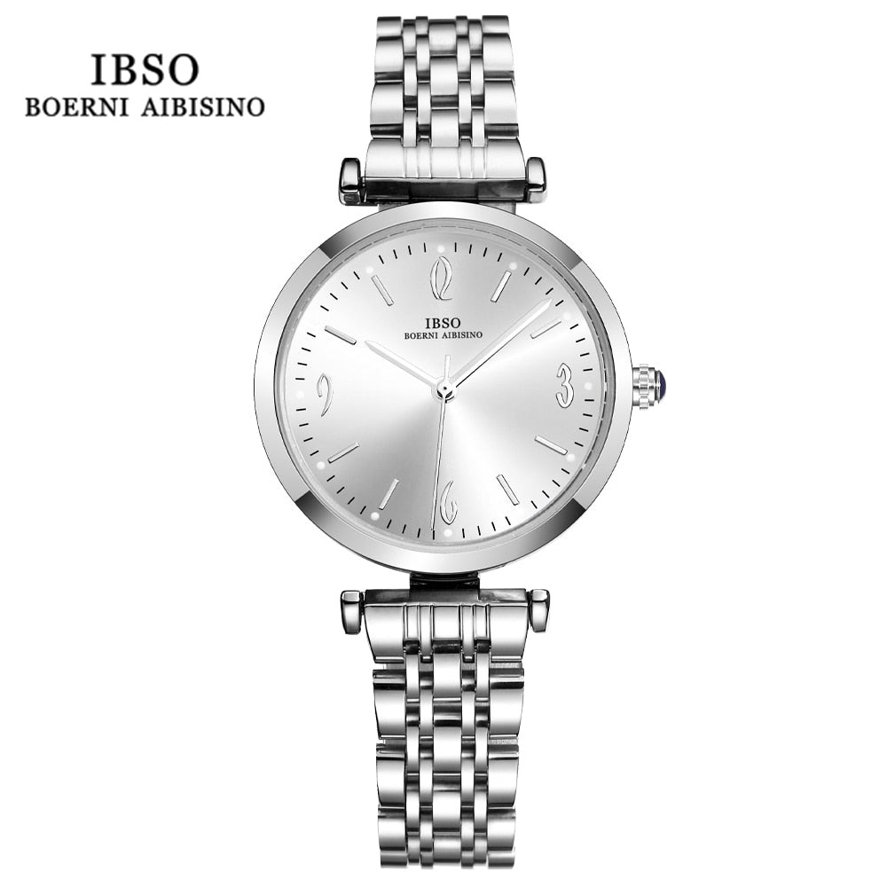 IBSO Women Silver Quartz Watches 3ATM Waterproof Best Stainless Steel Strap Green Dial Luxury Lady's Watch