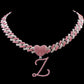 Hip Hop Bling Pink Crystal Cursive Initial Letter Cuban Necklace for Women Iced Out Paved Cuban Chain Necklace Choker Jewelry Z