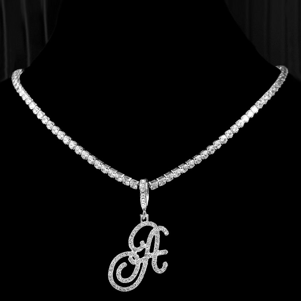 New Cursive Letters Cubic Zirconia Chain Intial Name Necklace Hip Hop Jewelry Gold Silver Color CZ 26 Alphabet Pendant Necklaces A 18inch Zircon chain