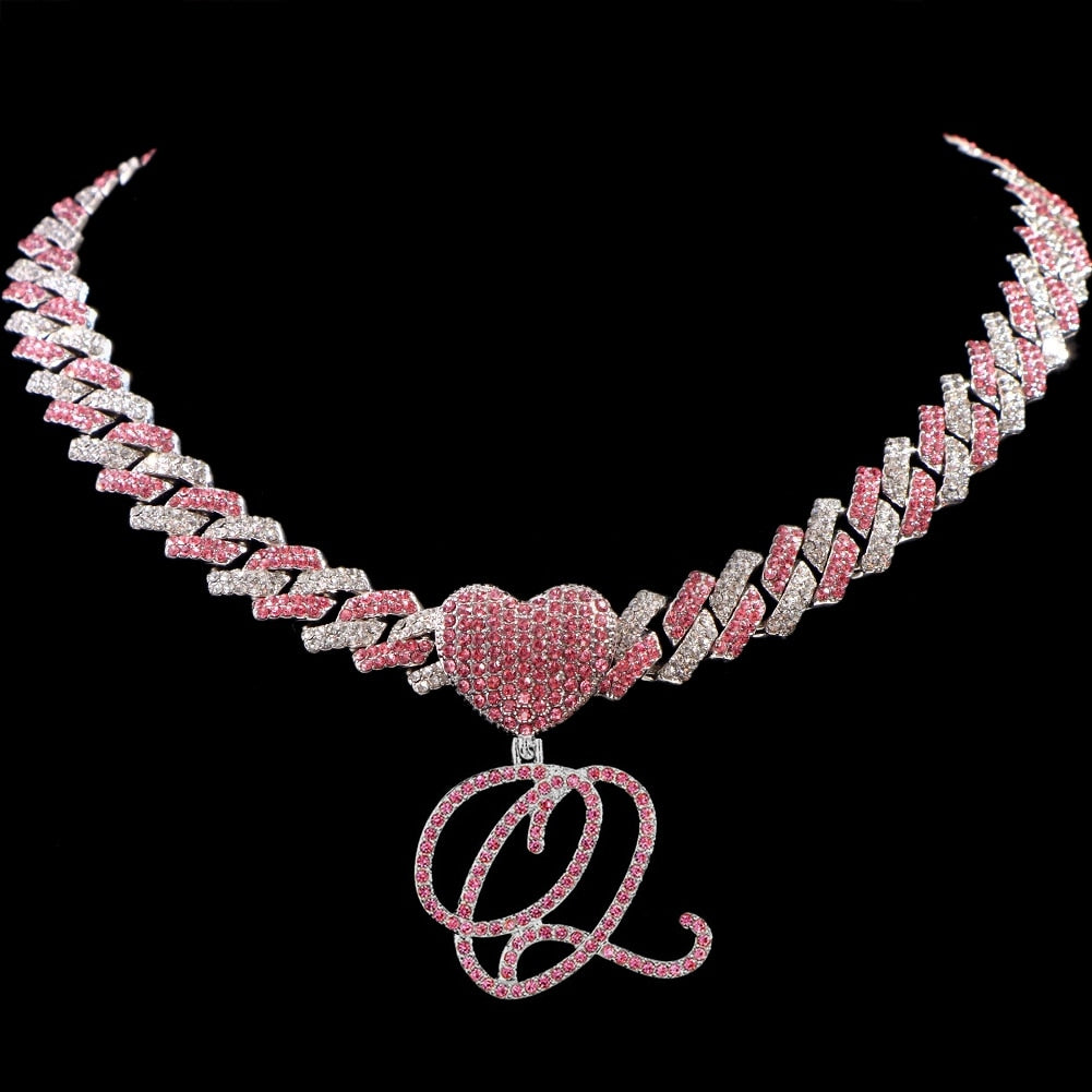 Hip Hop Bling Pink Crystal Cursive Initial Letter Cuban Necklace for Women Iced Out Paved Cuban Chain Necklace Choker Jewelry Q