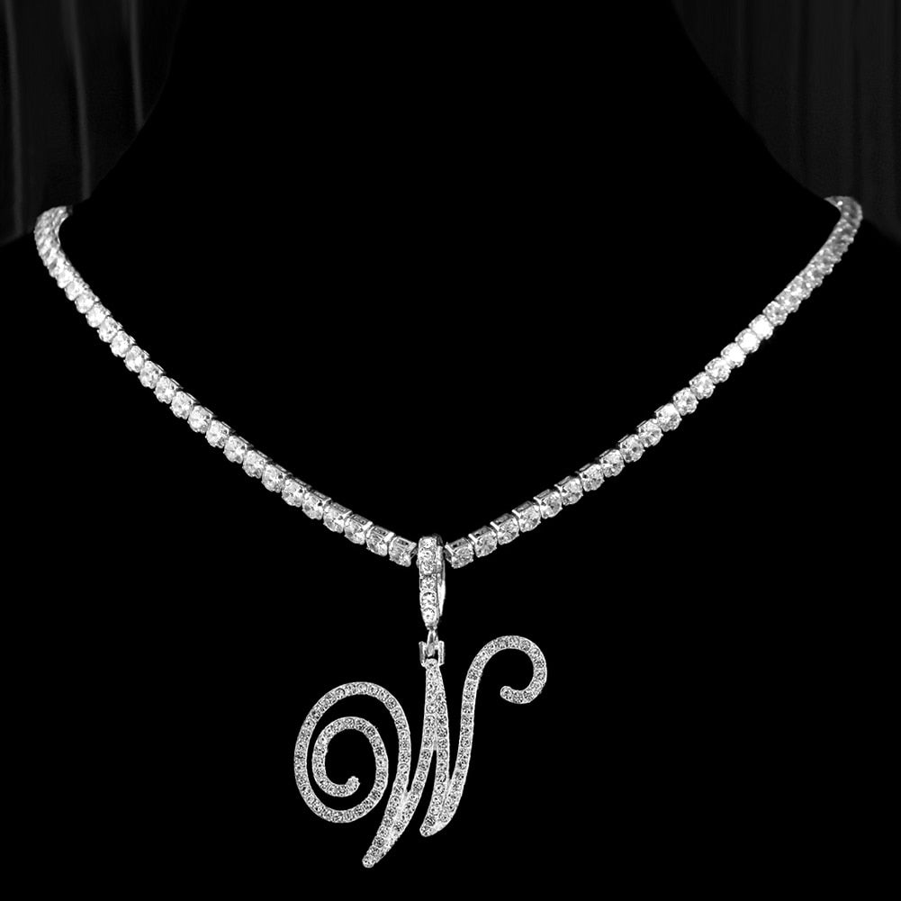New Cursive Letters Cubic Zirconia Chain Intial Name Necklace Hip Hop Jewelry Gold Silver Color CZ 26 Alphabet Pendant Necklaces W 18inch Zircon chain