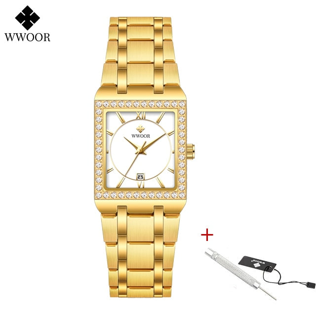 WWOOR Reloj New Fashion Ladies Diamond Watch Top Brand Luxury Square Wrist Watch Simple Women Dress Small Watch Relogio Feminino Gold white Yes