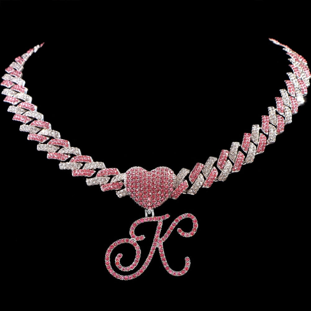 Hip Hop Bling Pink Crystal Cursive Initial Letter Cuban Necklace for Women Iced Out Paved Cuban Chain Necklace Choker Jewelry K