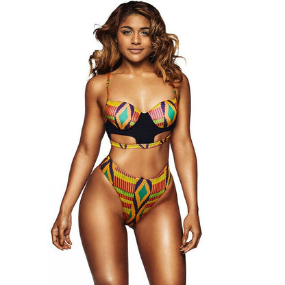 African Tribal Print Swimsuit Women High Waist Thong Bottoms Swimwear Female 2 Pieces Bathing Suits Padded Bikini Bright 1