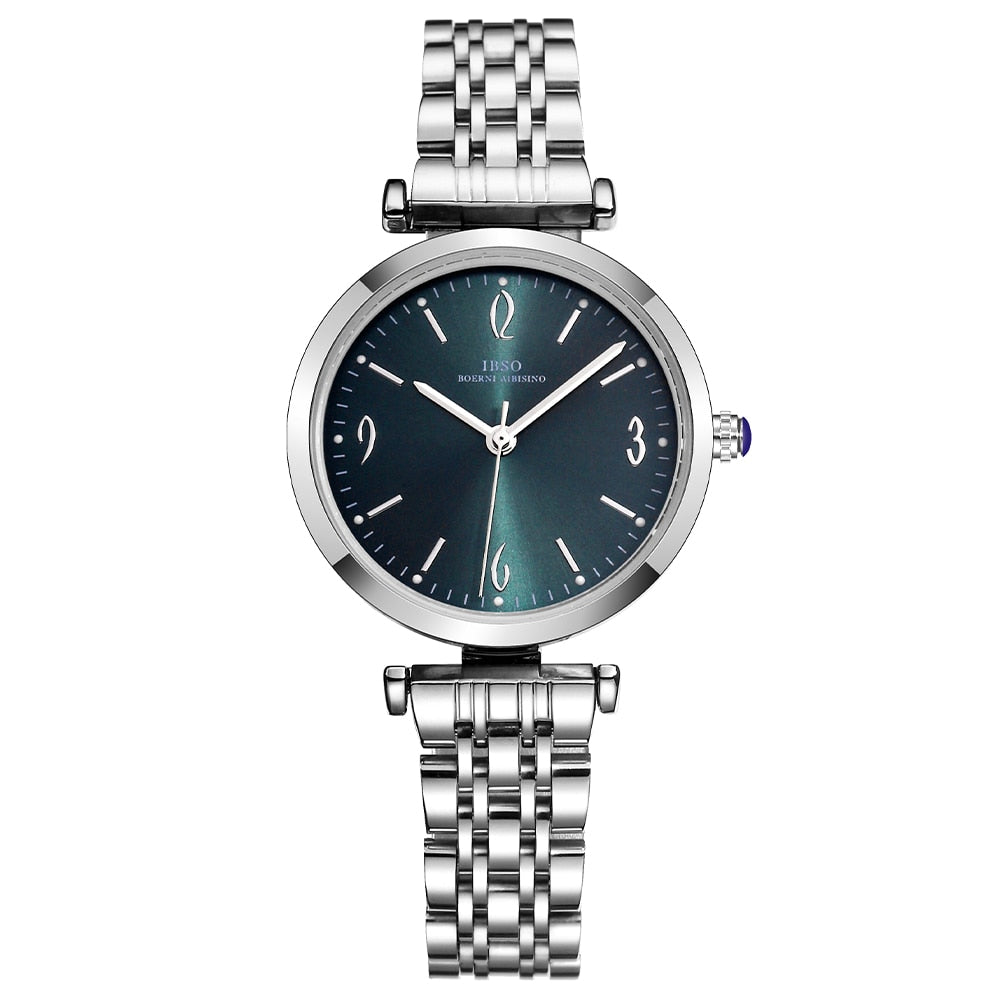 IBSO Women Silver Quartz Watches 3ATM Waterproof Best Stainless Steel Strap Green Dial Luxury Lady's Watch 3873-GN-SR-SSG