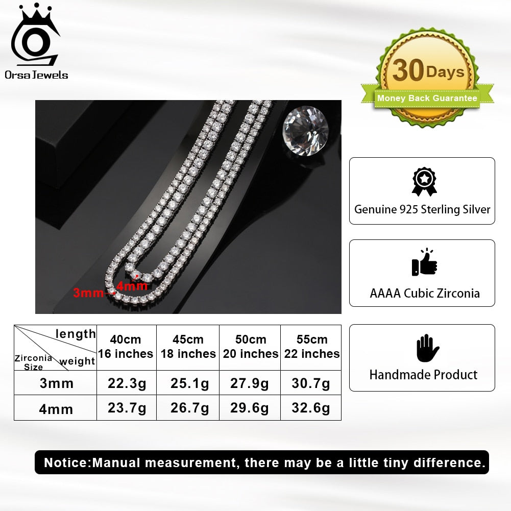 Luxury 925 Sterling Silver 4mm Tennis Chain Necklace