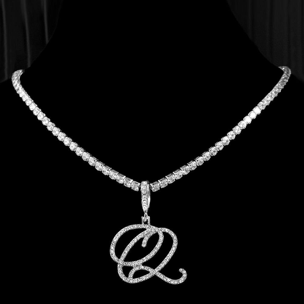 New Cursive Letters Cubic Zirconia Chain Intial Name Necklace Hip Hop Jewelry Gold Silver Color CZ 26 Alphabet Pendant Necklaces Q 18inch Zircon chain