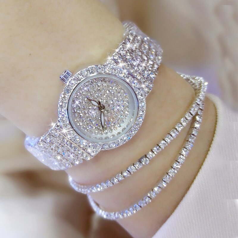 New Fashion Diamond Watch For Women Luxury Crystal 3PCS Rose Gold Quartz Watch Wristwatch Analog Dress Female Clock Ladies Reloj Silver Set 1
