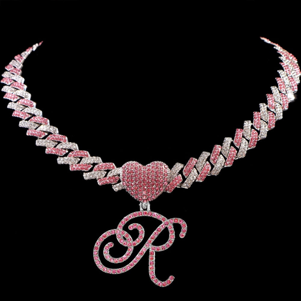Hip Hop Bling Pink Crystal Cursive Initial Letter Cuban Necklace for Women Iced Out Paved Cuban Chain Necklace Choker Jewelry R