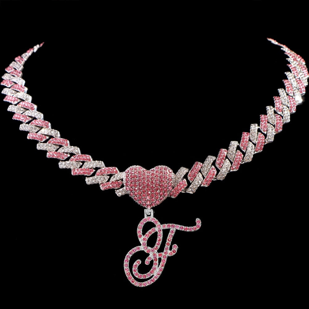 Hip Hop Bling Pink Crystal Cursive Initial Letter Cuban Necklace for Women Iced Out Paved Cuban Chain Necklace Choker Jewelry F