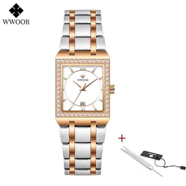 Diamond Top Luxury Square Wrist Simple Business Casual Watch Silver rose white