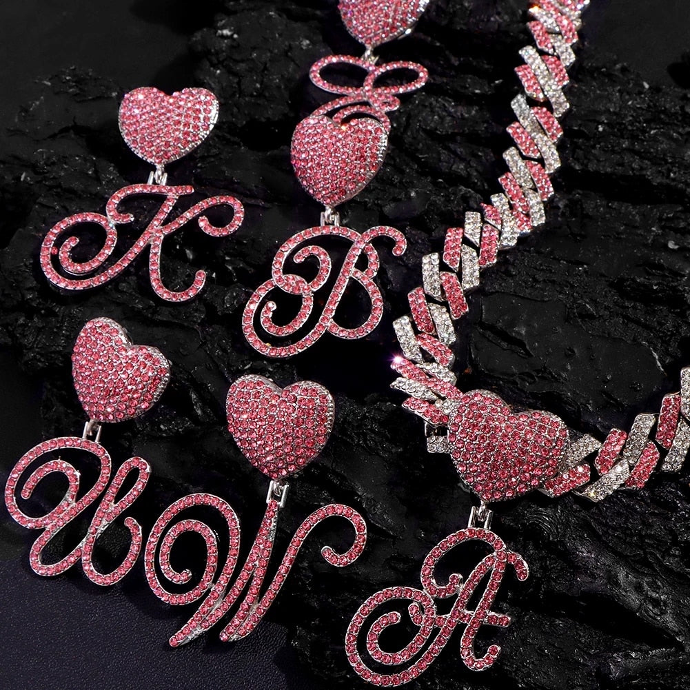 Trendy Pink Cursive Letter Chain Bracelet AAA Prong Link Chain Crystal Initials Bracelets Hip Hop Jewelry