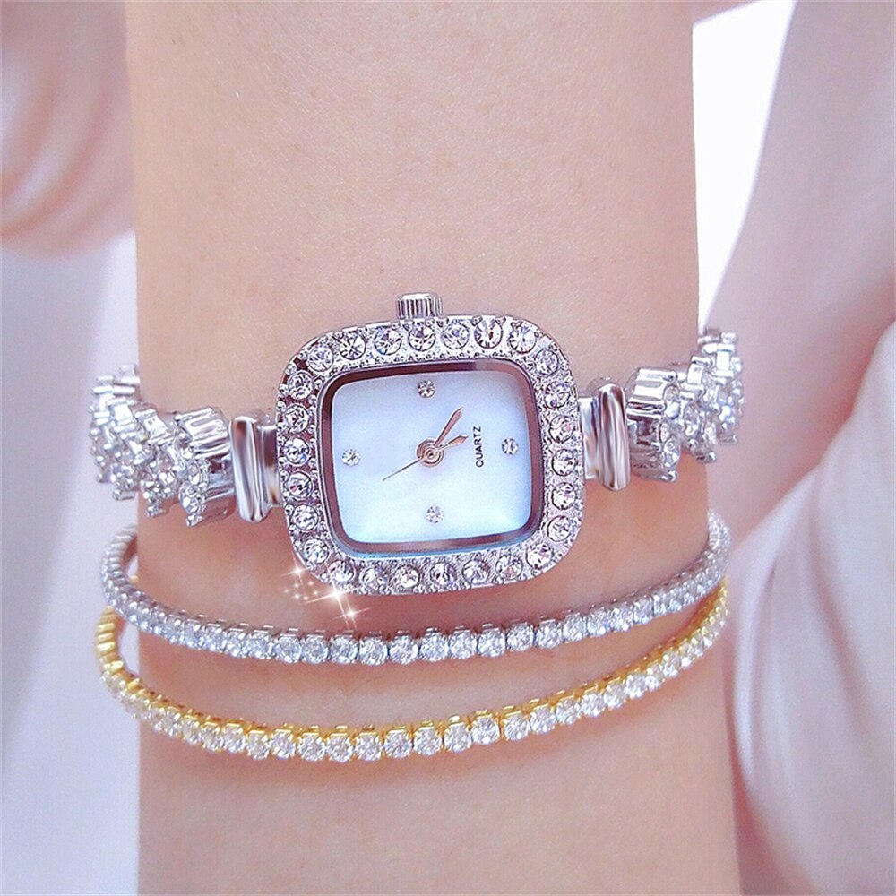 New Fashion Diamond Watch For Women Luxury Crystal 3PCS Rose Gold Quartz Watch Wristwatch Analog Dress Female Clock Ladies Reloj Silver Set 4