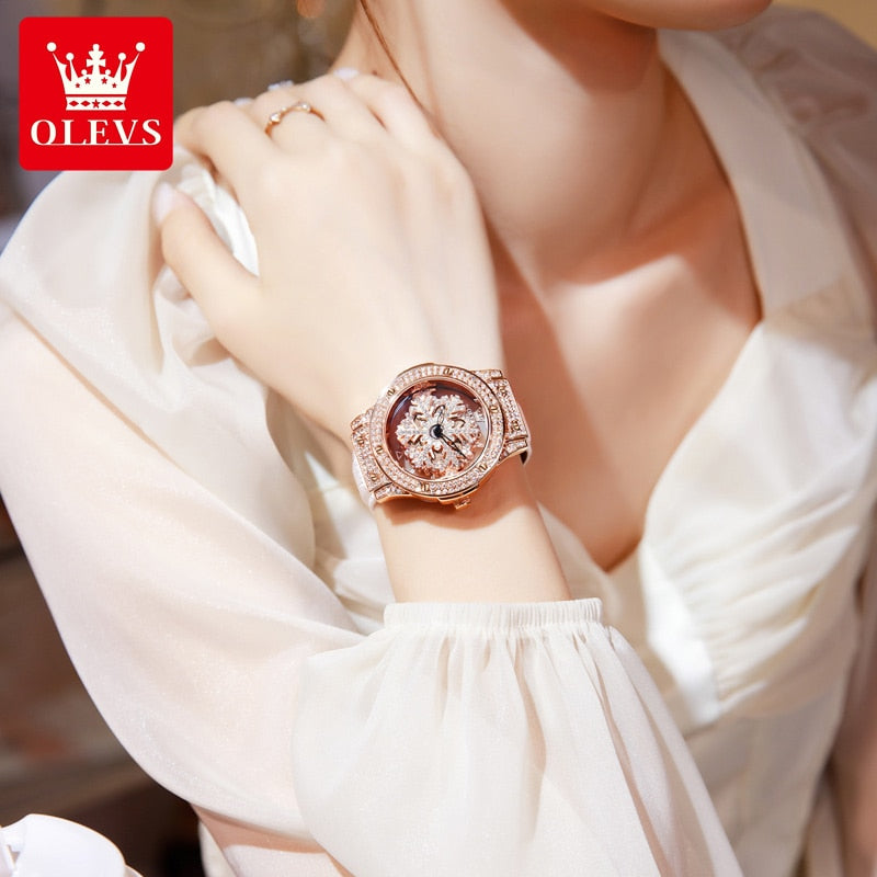 OLEVS Ladies Watches Flash Diamonds Snowflake Quartz Watch for Women Original Waterproof Leather Wristwatch Fashion Trend Stars