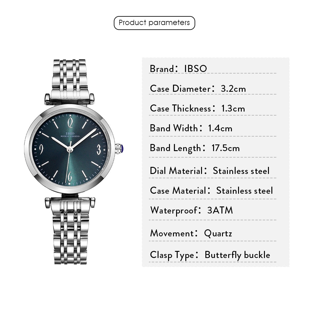 IBSO Women Silver Quartz Watches 3ATM Waterproof Best Stainless Steel Strap Green Dial Luxury Lady's Watch