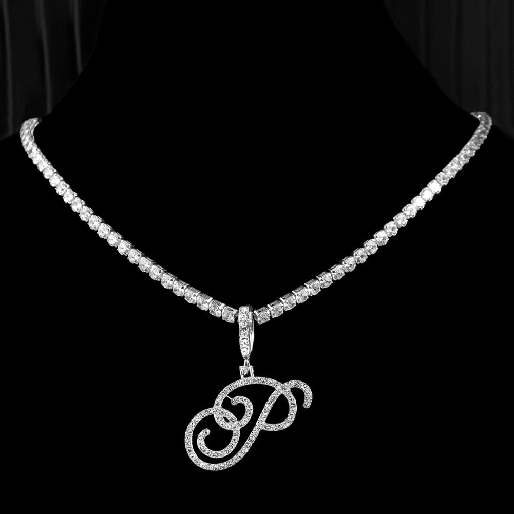 New Cursive Letters Cubic Zirconia Chain Intial Name Necklace Hip Hop Jewelry Gold Silver Color CZ 26 Alphabet Pendant Necklaces P 18inch Zircon chain