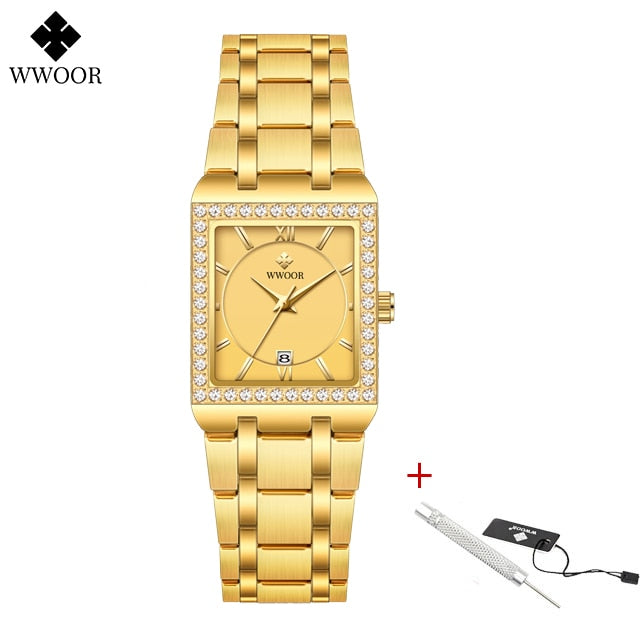 WWOOR Reloj New Fashion Ladies Diamond Watch Top Brand Luxury Square Wrist Watch Simple Women Dress Small Watch Relogio Feminino Gold gold Yes