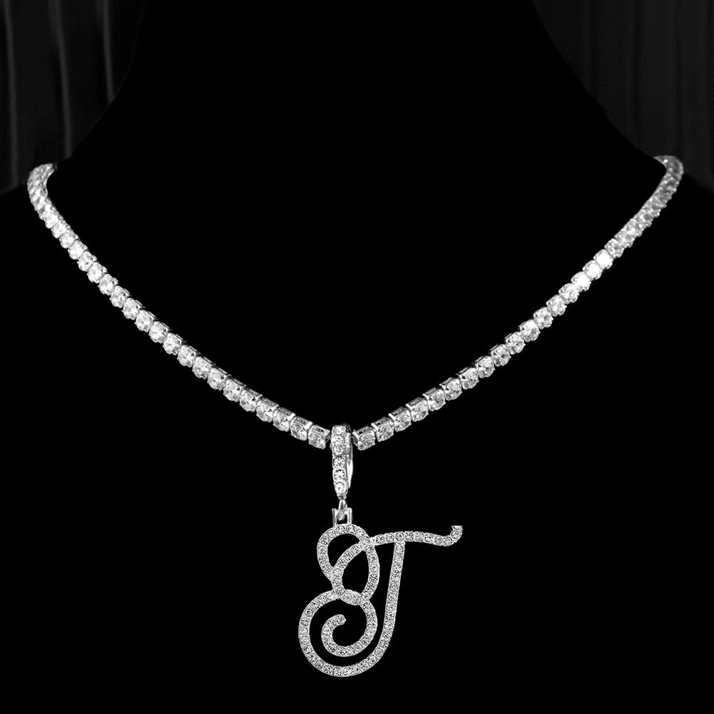 New Cursive Letters Cubic Zirconia Chain Intial Name Necklace Hip Hop Jewelry Gold Silver Color CZ 26 Alphabet Pendant Necklaces T 18inch Zircon chain