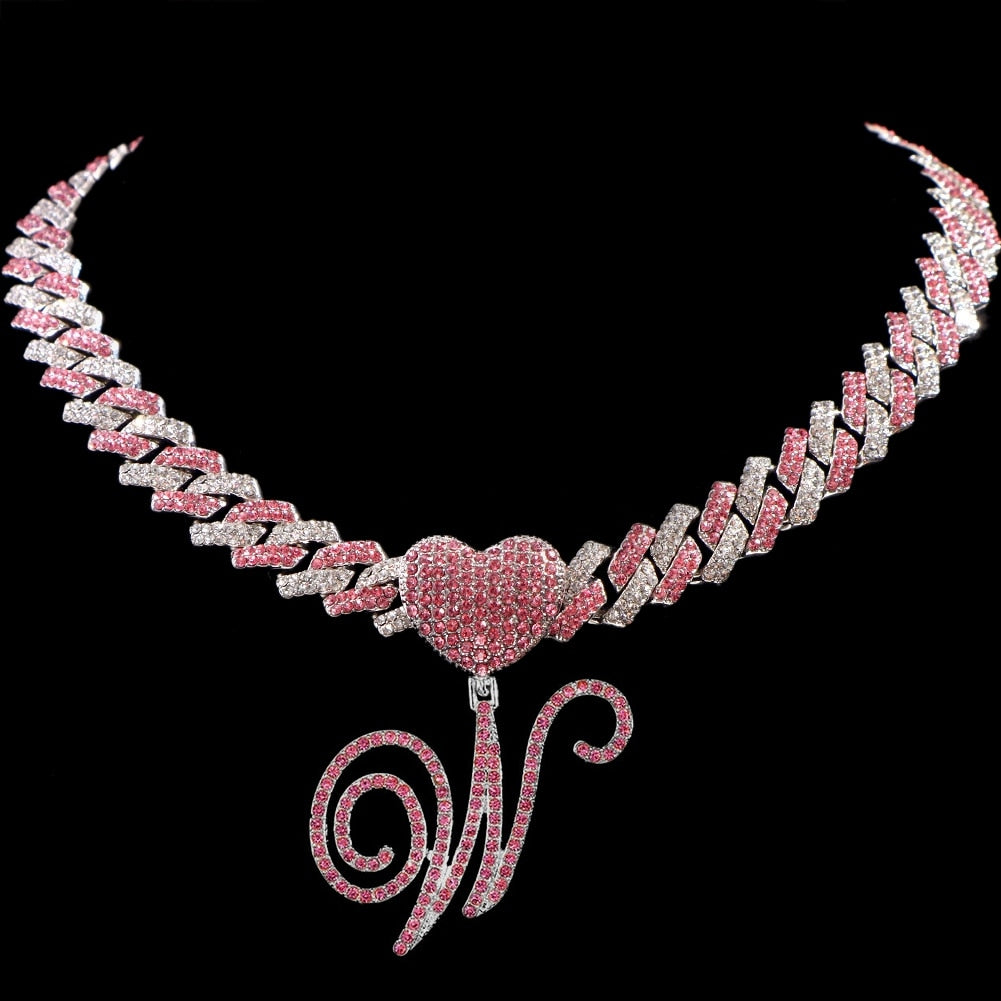 Hip Hop Bling Pink Crystal Cursive Initial Letter Cuban Necklace for Women Iced Out Paved Cuban Chain Necklace Choker Jewelry W