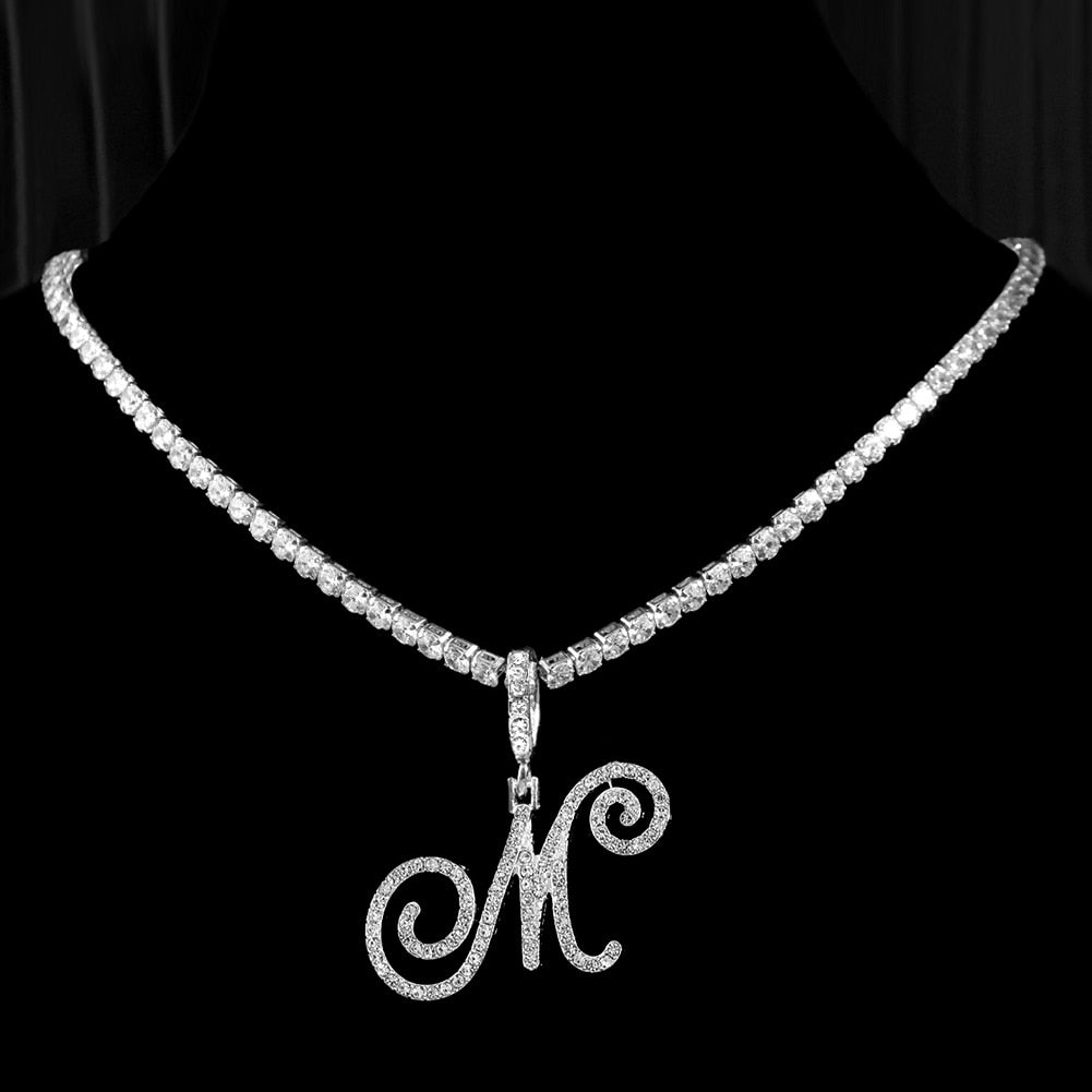 New Cursive Letters Cubic Zirconia Chain Intial Name Necklace Hip Hop Jewelry Gold Silver Color CZ 26 Alphabet Pendant Necklaces M 18inch Zircon chain
