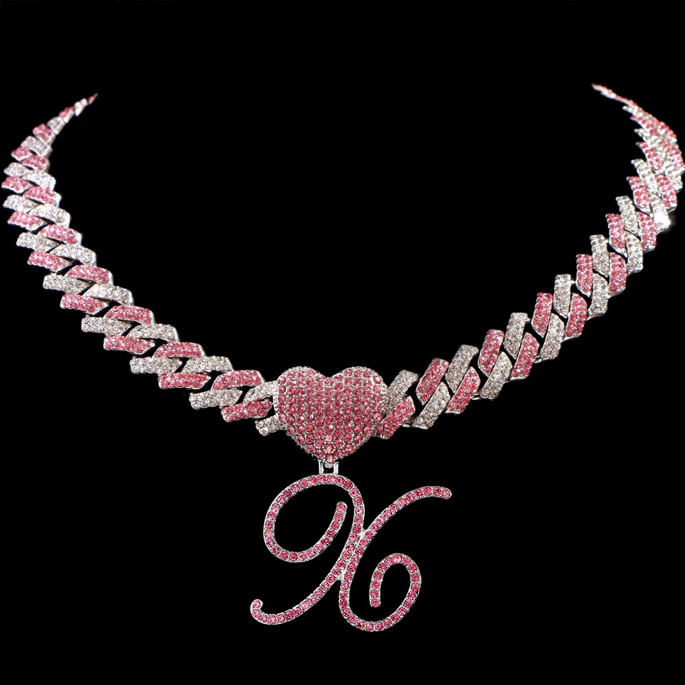 Hip Hop Bling Pink Crystal Cursive Initial Letter Cuban Necklace for Women Iced Out Paved Cuban Chain Necklace Choker Jewelry X