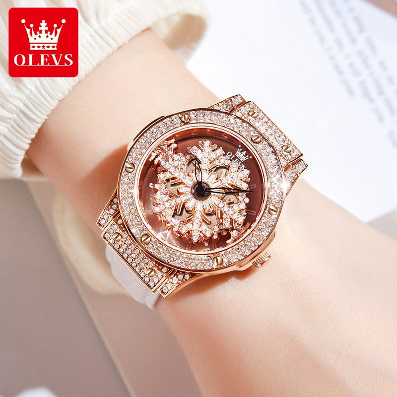 OLEVS Ladies Watches Flash Diamonds Snowflake Quartz Watch for Women Original Waterproof Leather Wristwatch Fashion Trend Stars