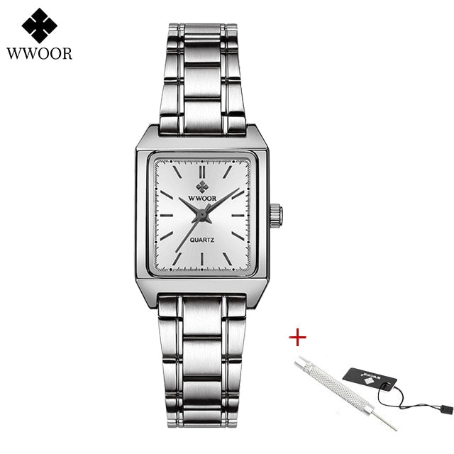WWOOR Reloj New Fashion Ladies Diamond Watch Top Brand Luxury Square Wrist Watch Simple Women Dress Small Watch Relogio Feminino 50Silver white Yes