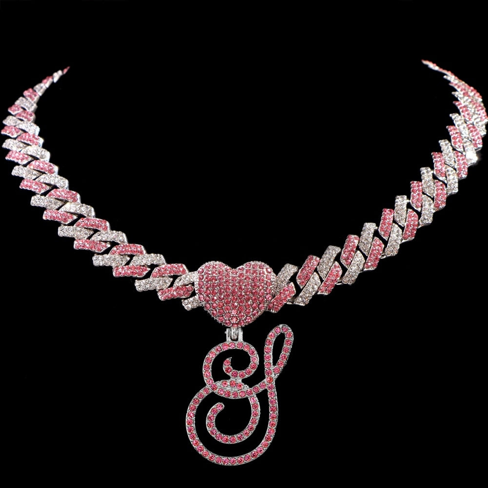 Hip Hop Bling Pink Crystal Cursive Initial Letter Cuban Necklace for Women Iced Out Paved Cuban Chain Necklace Choker Jewelry S