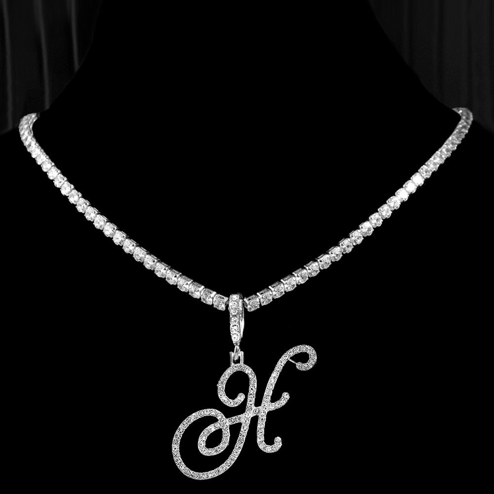 New Cursive Letters Cubic Zirconia Chain Intial Name Necklace Hip Hop Jewelry Gold Silver Color CZ 26 Alphabet Pendant Necklaces H 18inch Zircon chain
