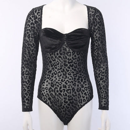 See Through Mesh Leopard Print Stitching Jumpsuit Black