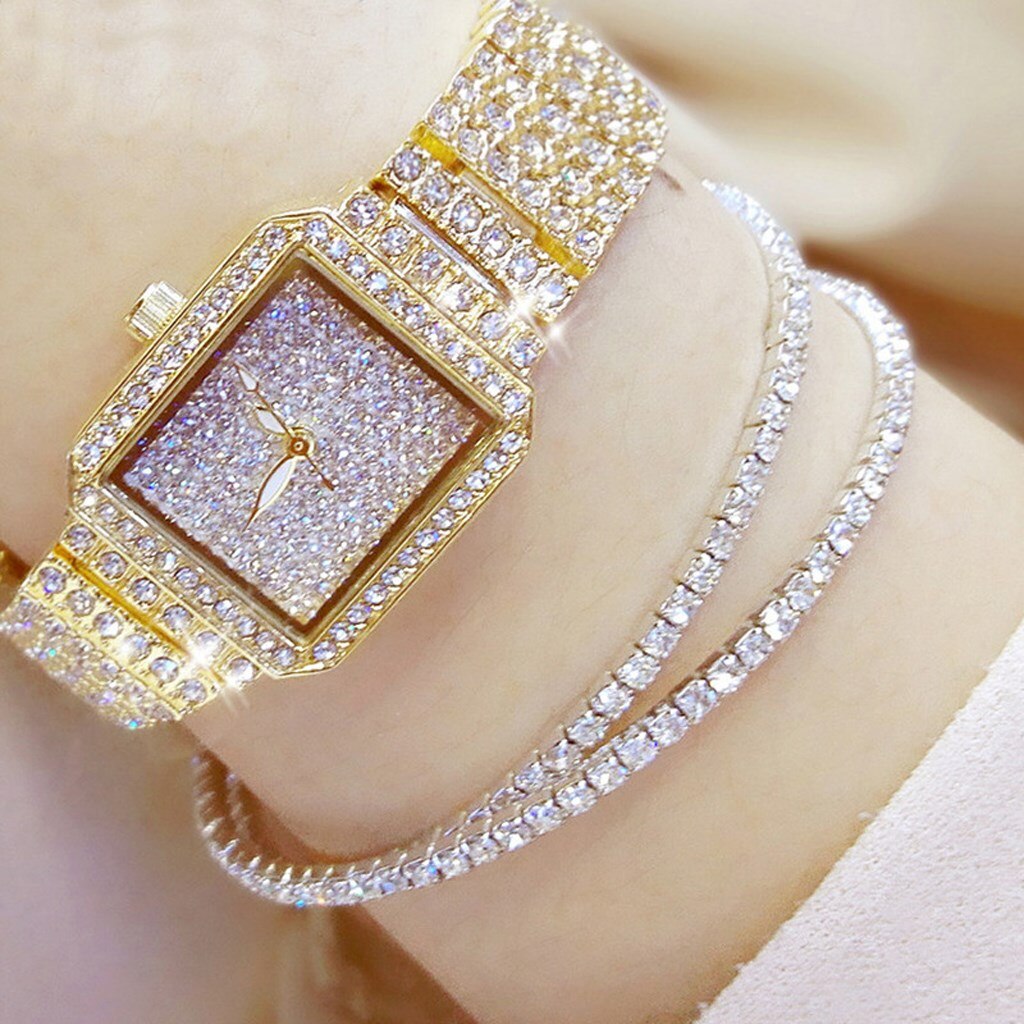 New Fashion Diamond Watch For Women Luxury Crystal 3PCS Rose Gold Quartz Watch Wristwatch Analog Dress Female Clock Ladies Reloj Gold Set 2