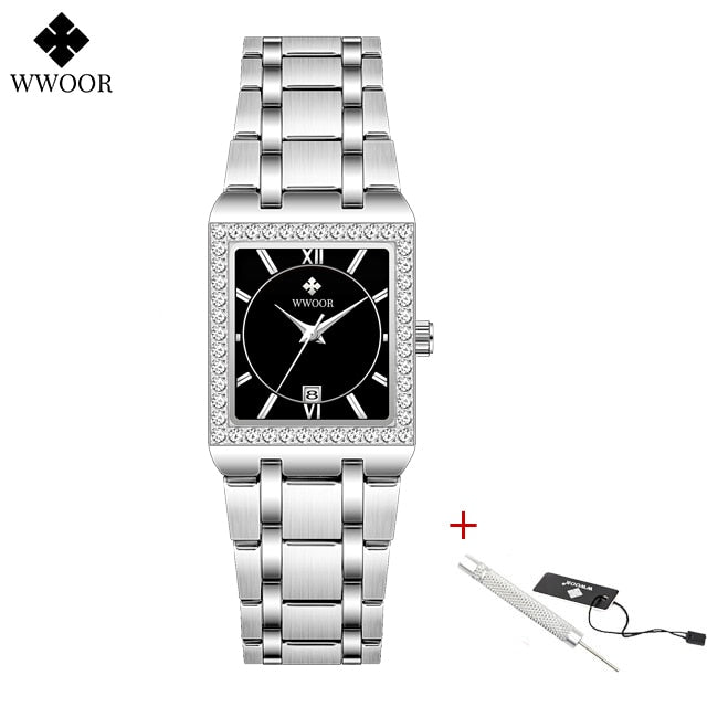 Diamond Top Luxury Square Wrist Simple Business Casual Watch Silver black