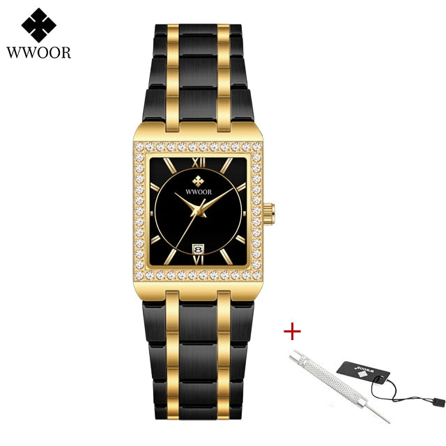 WWOOR Reloj New Fashion Ladies Diamond Watch Top Brand Luxury Square Wrist Watch Simple Women Dress Small Watch Relogio Feminino Gold black gold Yes