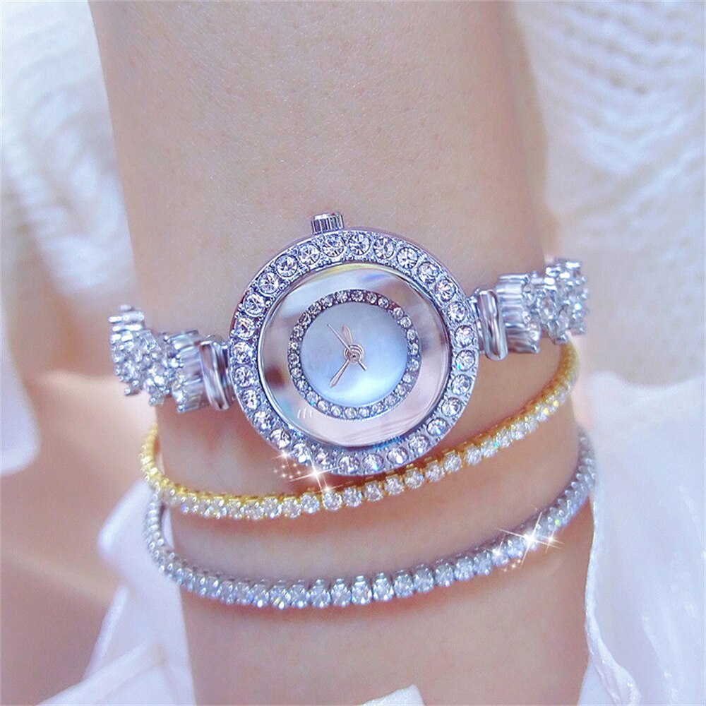 New Fashion Diamond Watch For Women Luxury Crystal 3PCS Rose Gold Quartz Watch Wristwatch Analog Dress Female Clock Ladies Reloj Silver Set 3