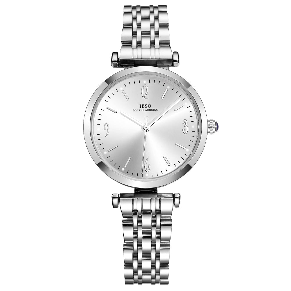 IBSO Women Silver Quartz Watches 3ATM Waterproof Best Stainless Steel Strap Green Dial Luxury Lady's Watch 3873-WE-SR-SSG