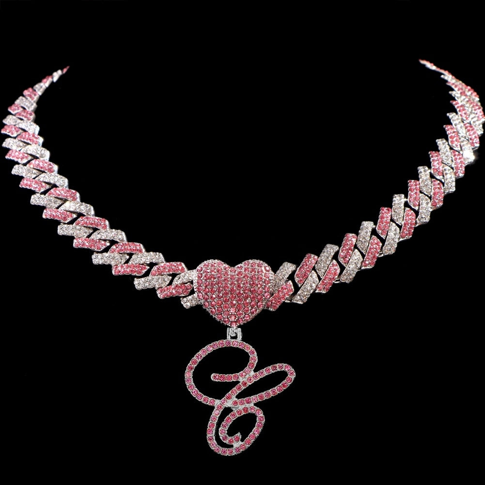 Hip Hop Bling Pink Crystal Cursive Initial Letter Cuban Necklace for Women Iced Out Paved Cuban Chain Necklace Choker Jewelry C