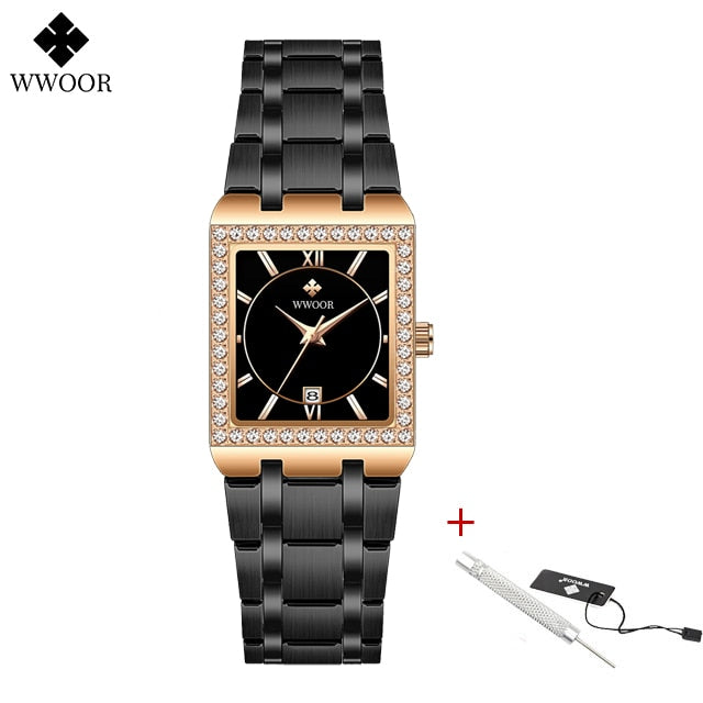 WWOOR Reloj New Fashion Ladies Diamond Watch Top Brand Luxury Square Wrist Watch Simple Women Dress Small Watch Relogio Feminino Black rose Yes