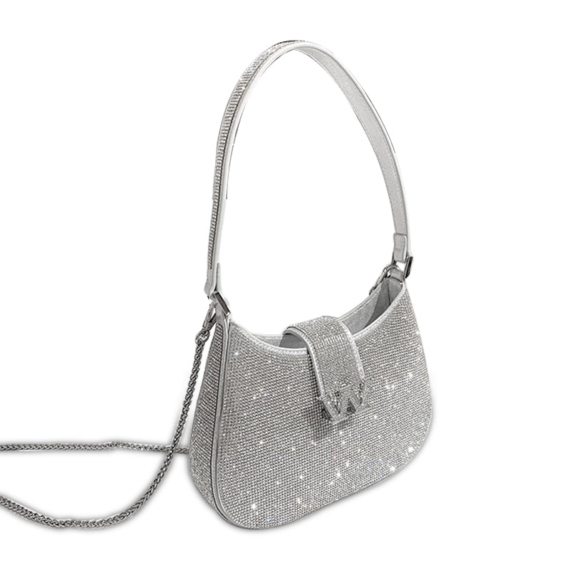 MABULA Rhinestone Bling Women Shoulder Bags Small High Quality Diamond Tote Handbag Luxury Design Half Moon Purse Crossbody Bag